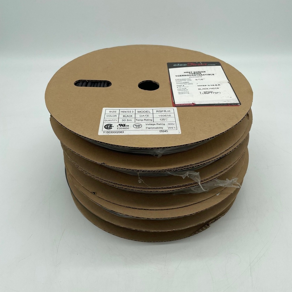 Lot of 5 ElecDirect 3/16" Heat Shrink Tubing Black 100ft Spools MHSP-3/16-0-C